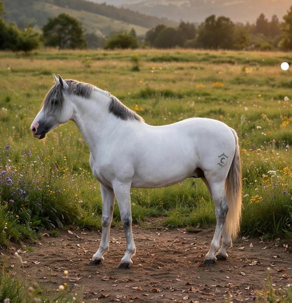Kabileno Contreras — white stallion in a golden-hour meadow