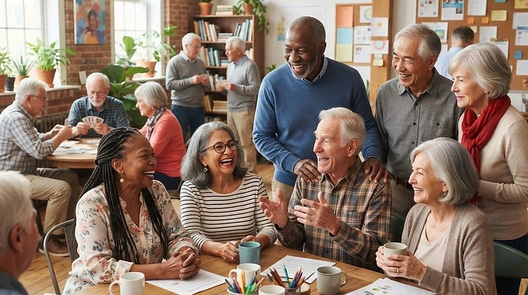 Diverse group of older adults smiling together in a community center