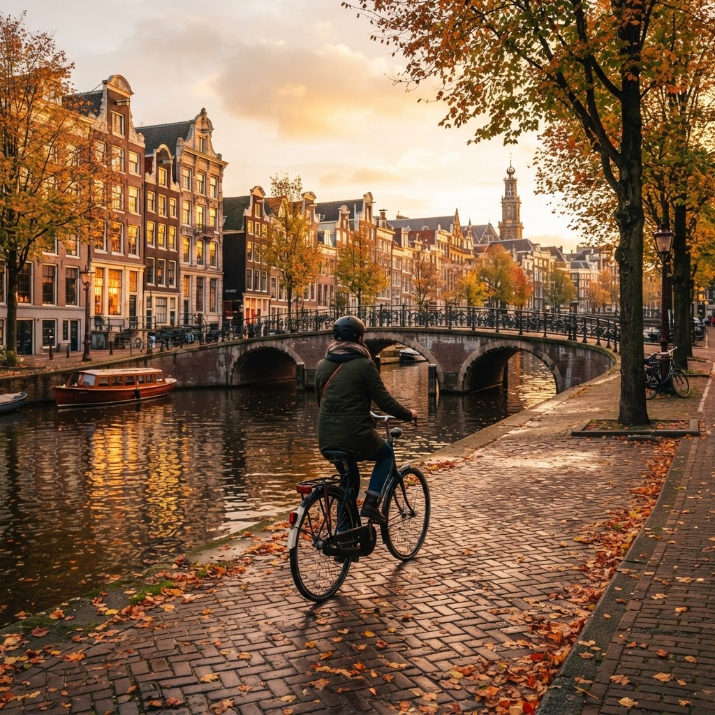 Cyclist riding along an Amsterdam canal at golden hour
