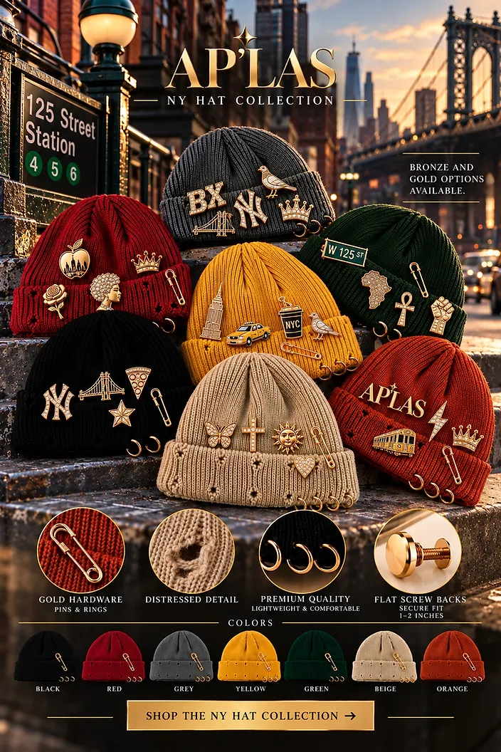 AP'LAS NY Hat Collection — seven hobo skullies in gold hardware pins and rings on stone steps