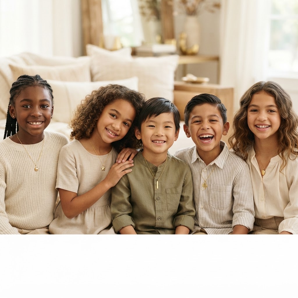 Diverse children wearing gold pendant jewelry