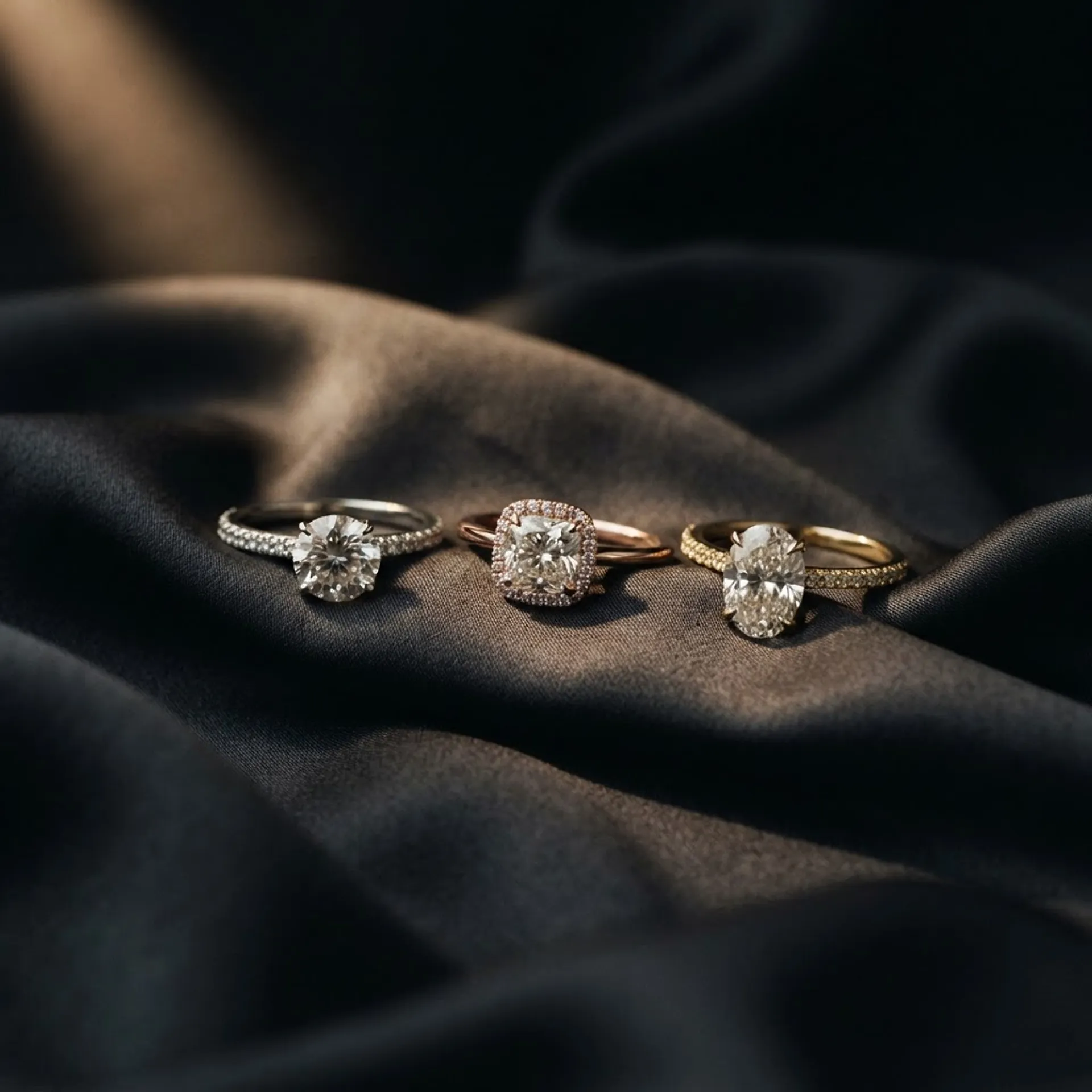 Three diamond engagement rings on draped satin