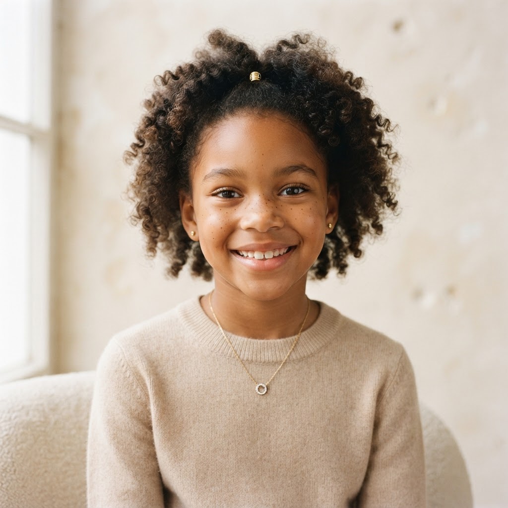 Child wearing gold pendant necklace