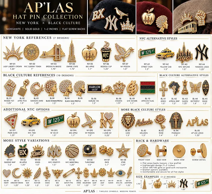 AP'LAS hat pin collection — New York and Black culture pendant designs with sizes