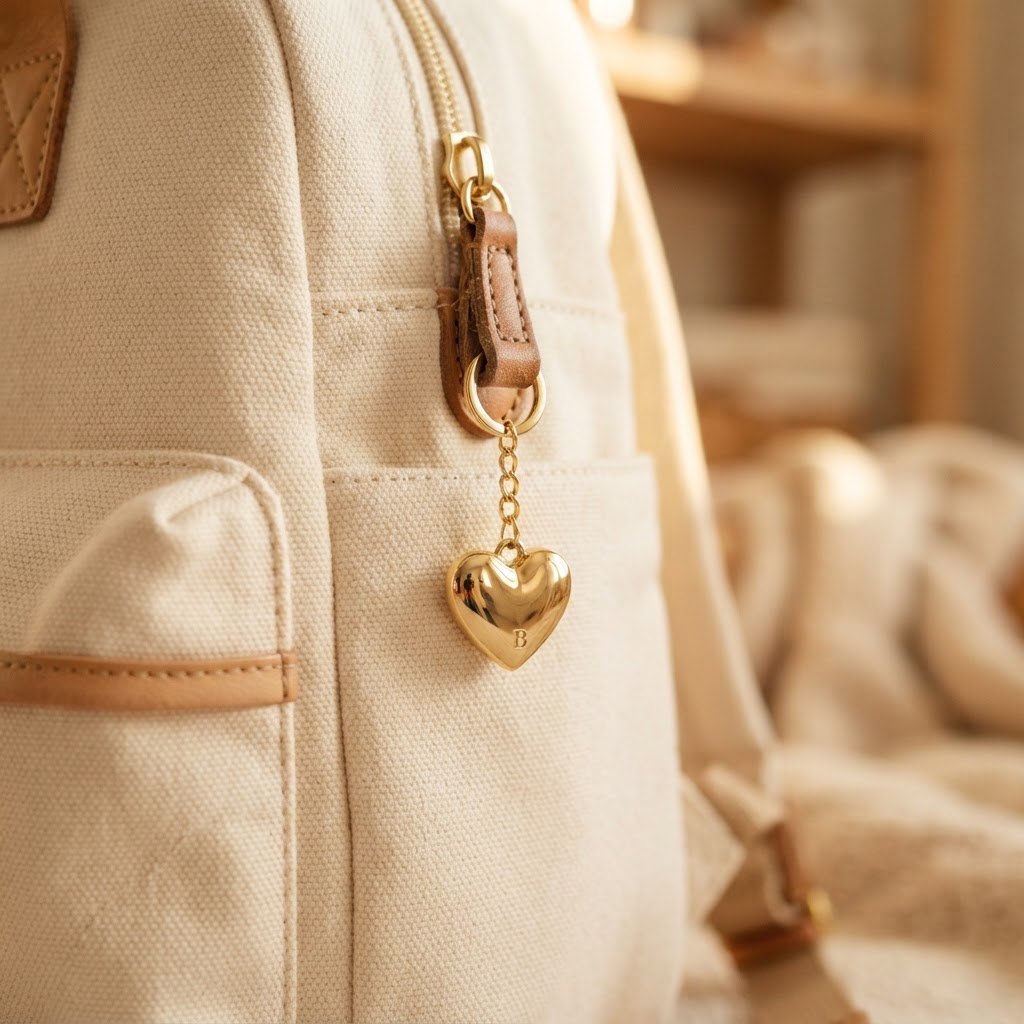 Gold heart keychain on backpack