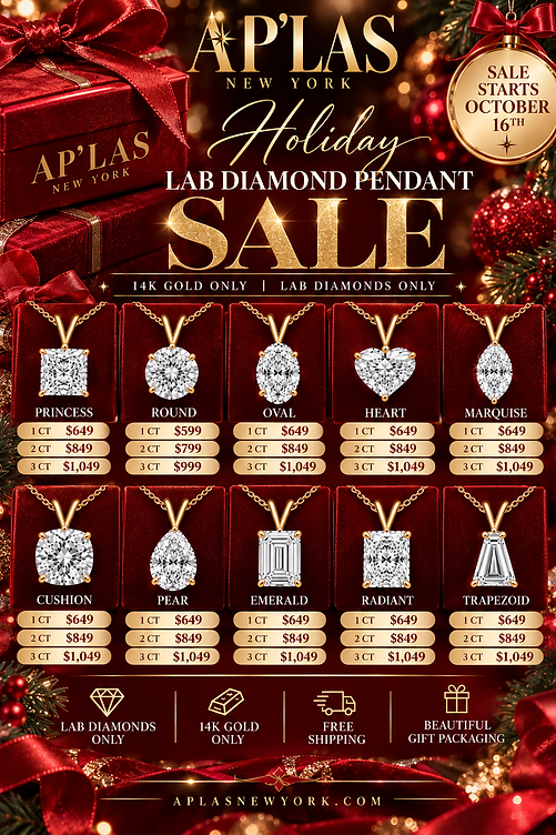AP'LAS New York Holiday Lab Diamond Pendant Sale — every shape from 1 to 3 carats in 14k gold