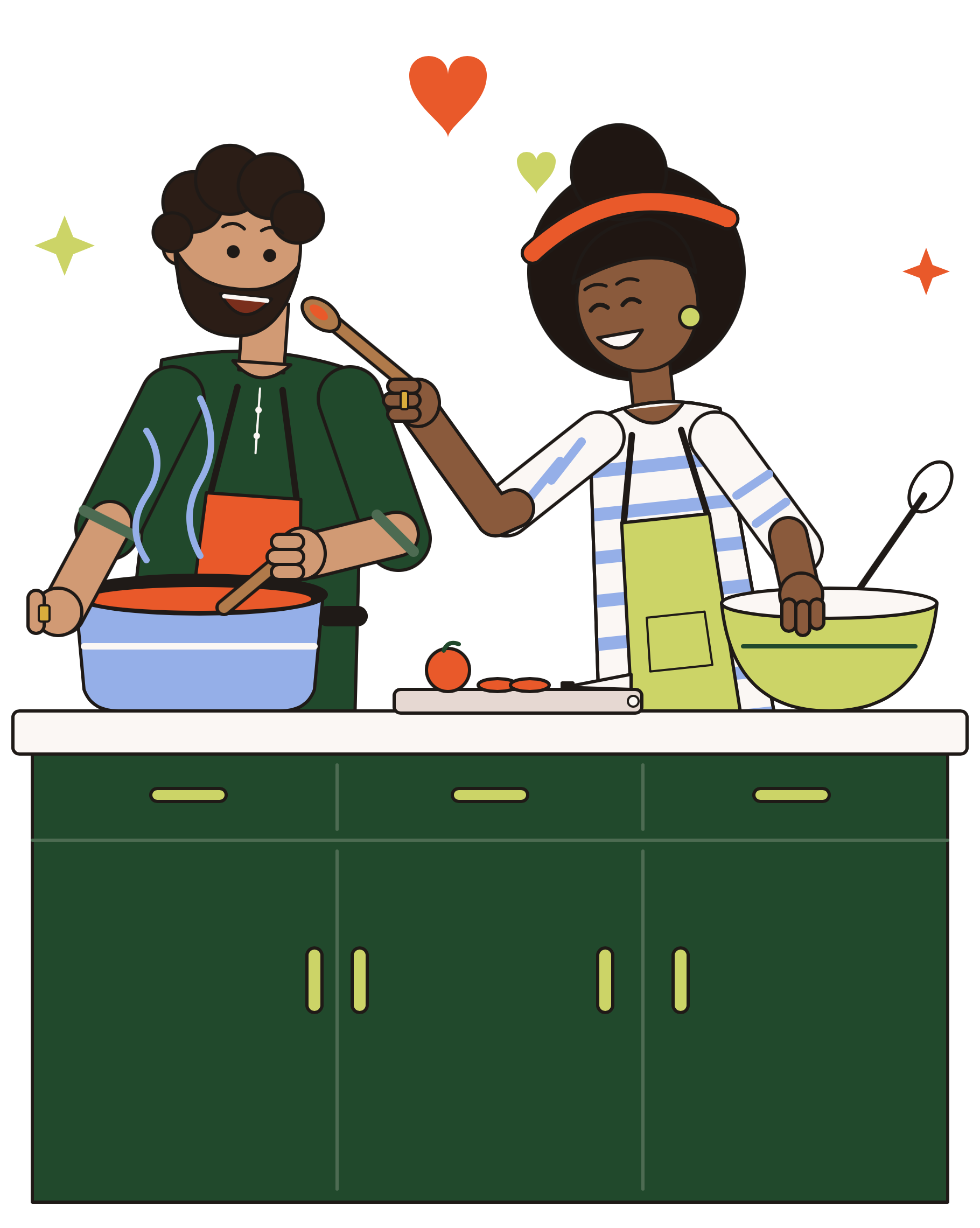 An illustrated couple cooking together in a kitchen, surrounded by floating hearts and sparkles