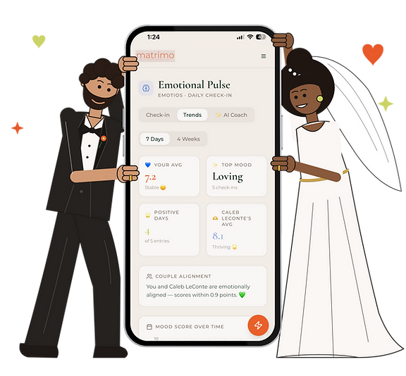 A groom and bride beside a phone showing the Matrimo Emotional Pulse check-in