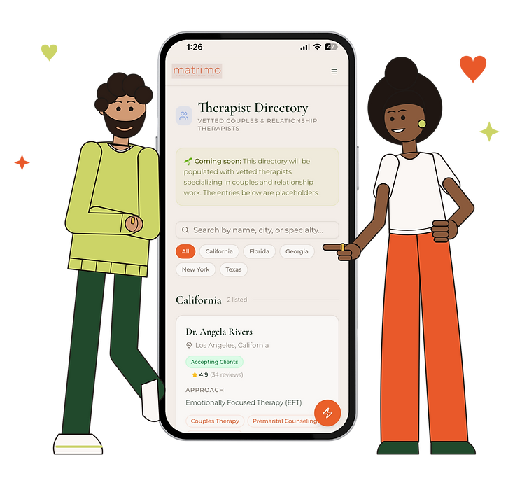 A couple with a therapist using the Matrimo therapist directory on a phone