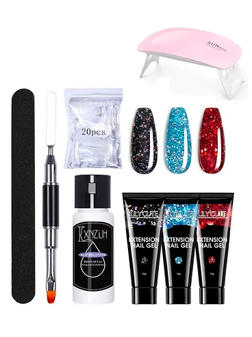 Kit Unghii Polygel cu Forme Dual si Lampada UV/LED, 3 Nuante Sclipici  - Truse manichiura pedichiura produs profesional manichiura
