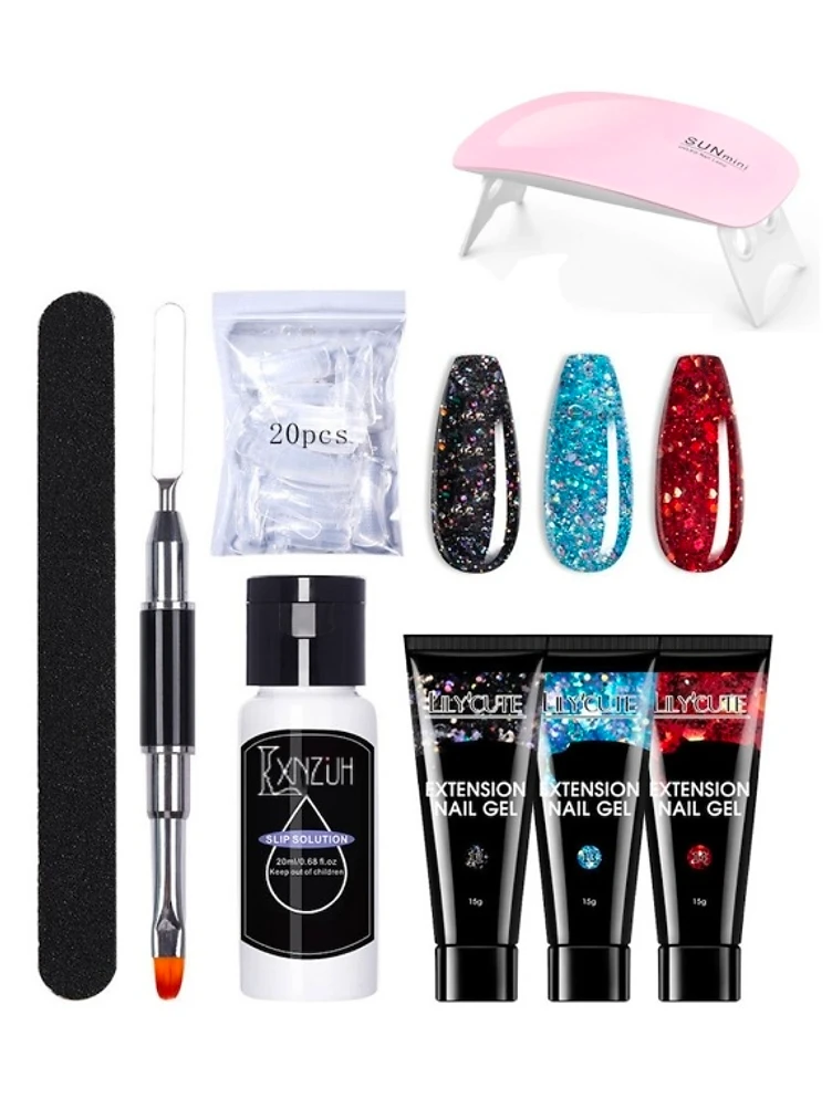 Kit Unghii Polygel cu Forme Dual si Lampada UV/LED, 3 Nuante Sclipici  - Truse manichiura pedichiura produs manichiura profesionala