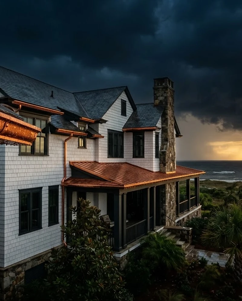 Luxury coastal Alabama estate with seamless copper gutters during approaching storm