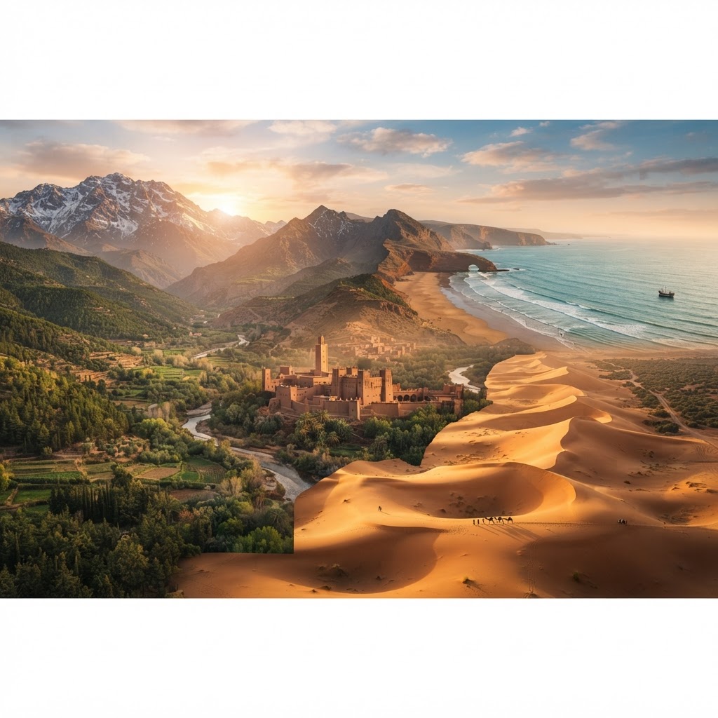Morocco — Atlas Mountains, Atlantic coast and Sahara dunes at golden hour