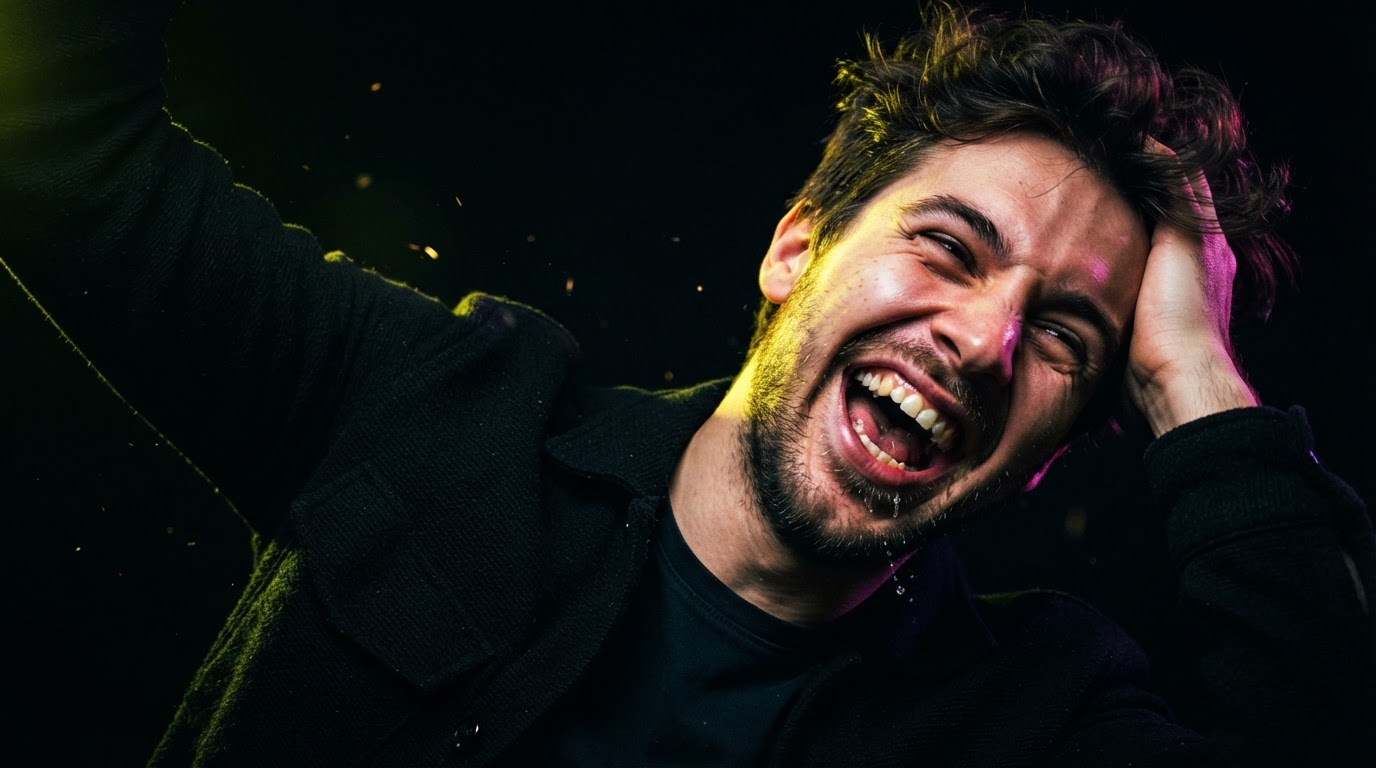 Fierro Flash en plena comedia con iluminación neón amarilla