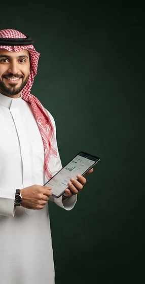 سعودي بالثوب والشماغ يحمل جهاز لوحي
