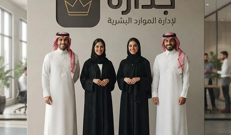 شباب سعوديون واقفون في بيئة عمل احترافية مع شعار جداره