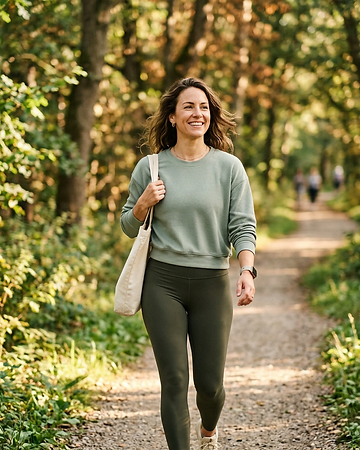 Woman walking on a sunlit forest trail