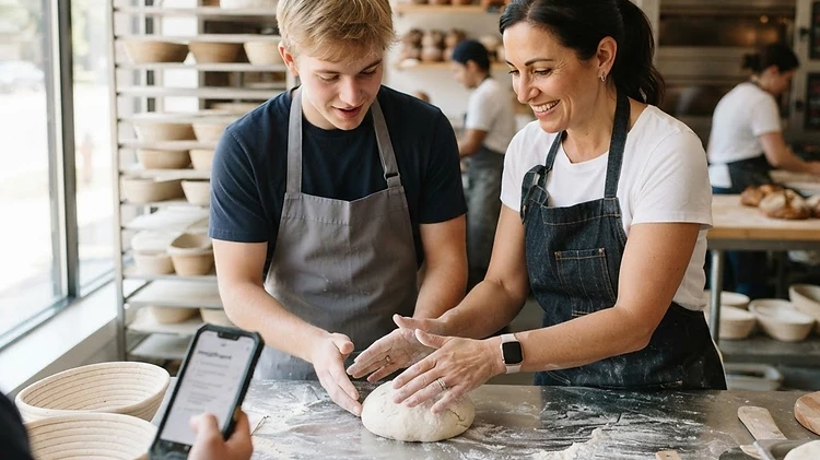 Experienced baker showing a new employee how to shape dough, with a step checklist on his smartphone