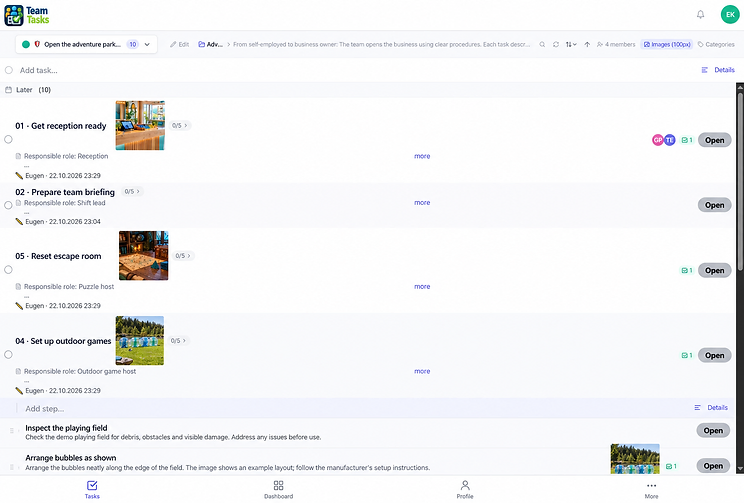 Screenshot: example project “Open the business every day”
