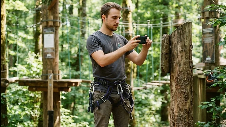 Mitarbeiter im Hochseilpark fotografiert einen Pfosten, an dem eine neue Beschilderung angebracht werden soll