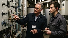 Experienced technician explaining building equipment to a younger colleague