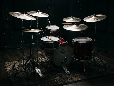 Professional red drum kit in the studio