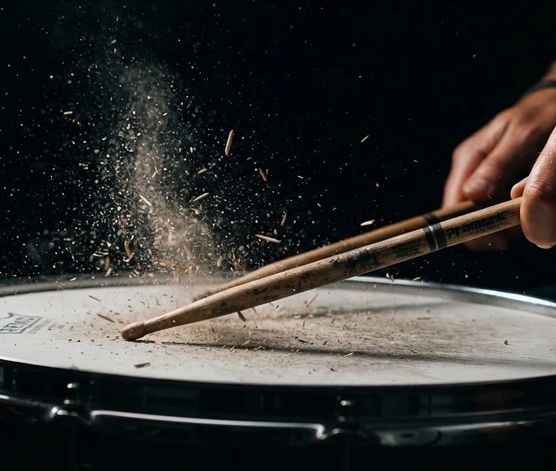 A drumstick striking a snare drum in dramatic studio lighting