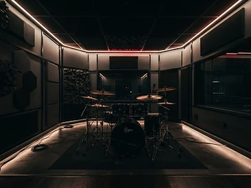 Drum studio booth with acoustic treatment