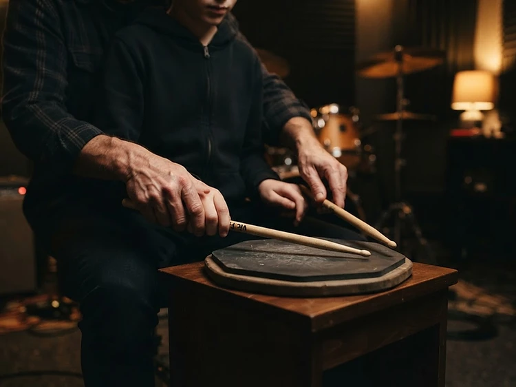 Adult student having a drum lesson at Beat It Drum School Glasgow