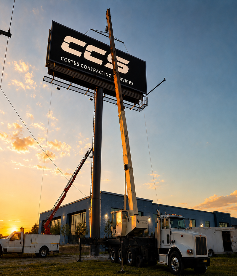 Cortes Contracting Services crane truck installing the company's CCS billboard against a golden-hour sunset sky