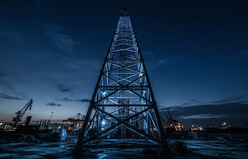 Industrial lattice crane tower silhouetted against a moody night sky