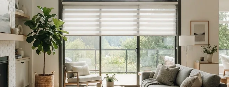 Custom zebra blinds with alternating sheer and solid fabric bands in a bright BC living room