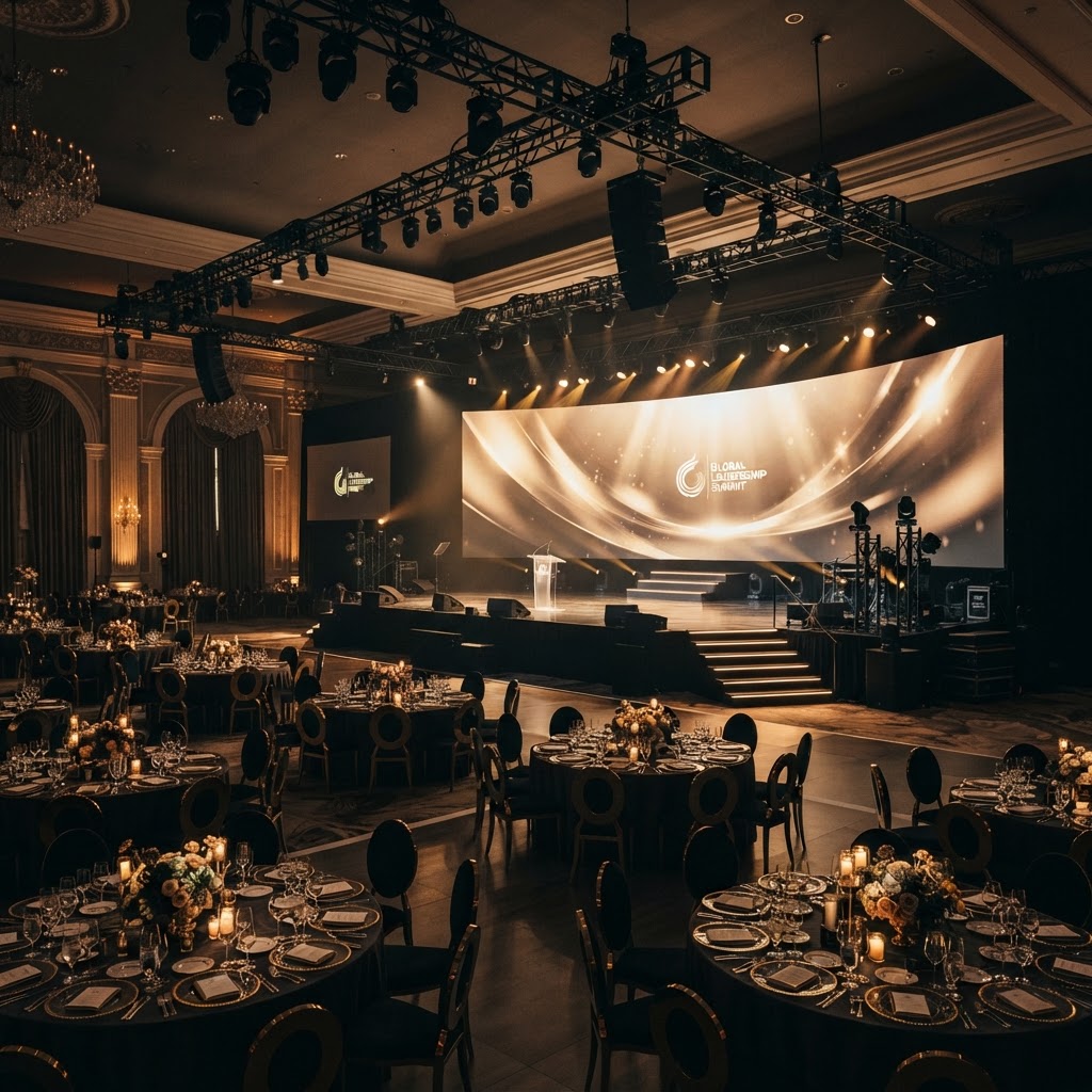 A spectacular stage lit for a corporate event