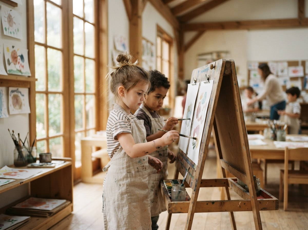 Children painting at an easel in the Casa classroom at Kidzville Learning Center