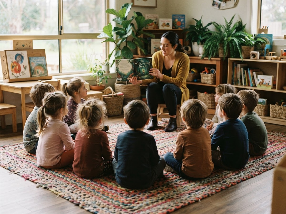Children gathered on a rug for a group story with their educator