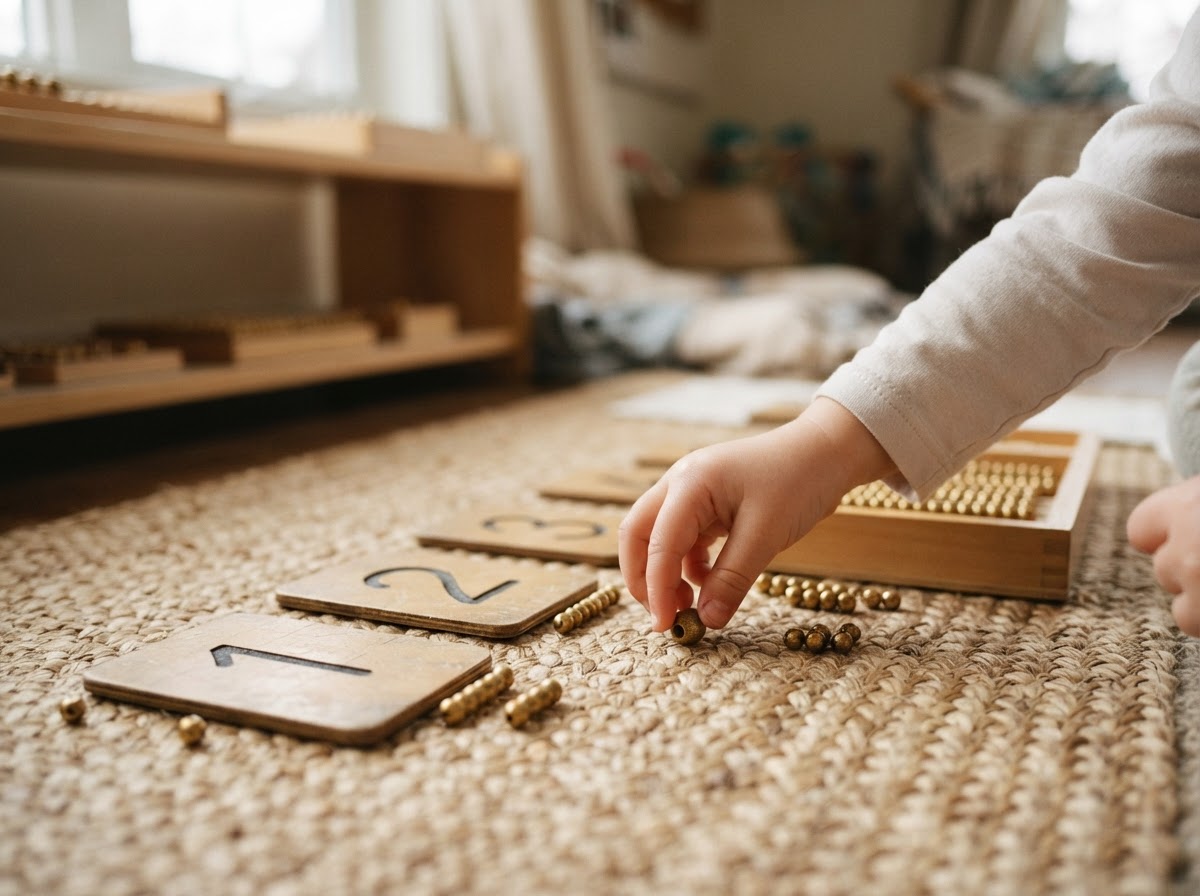Golden bead Montessori mathematics materials arranged on a mat at Kidzville