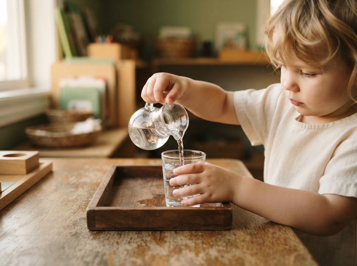 A child carefully pouring water during a practical life activity