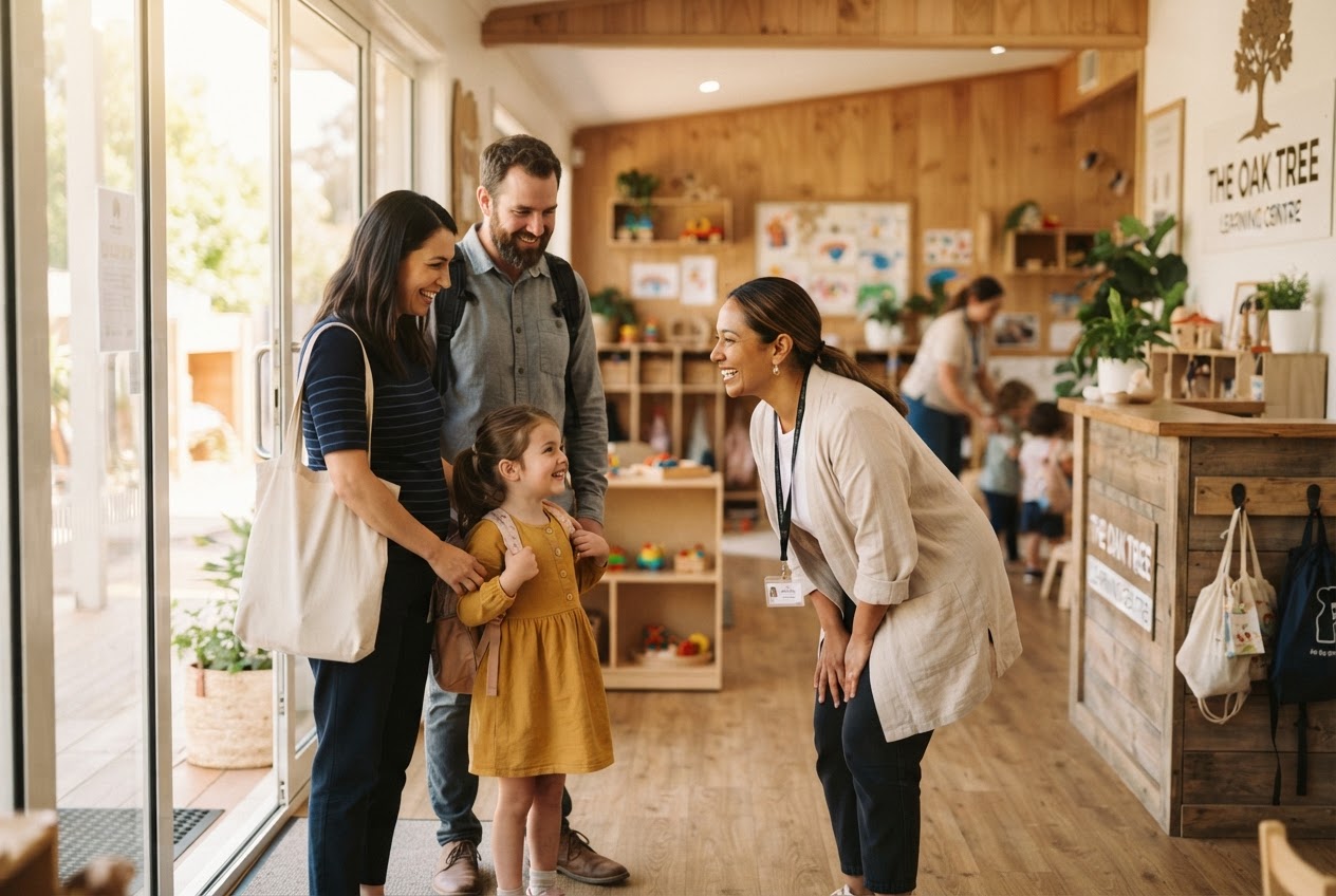 An educator warmly greeting a family at the entrance of the learning centre