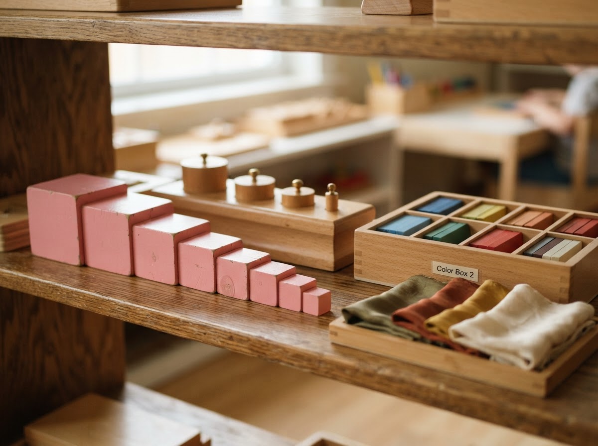 Montessori sensorial materials arranged on open child-height shelves in the Casa classroom at Kidzville