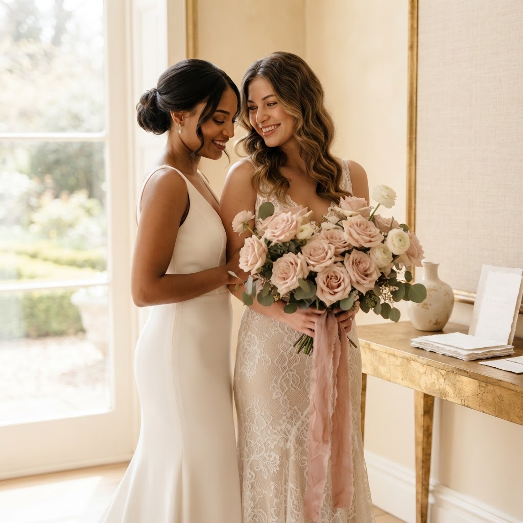 Two brides-to-be, one holding a bouquet of blush roses
