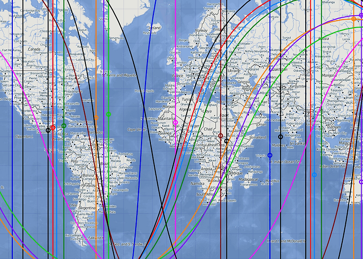 Example astrocartography world map with planetary lines crossing different regions.