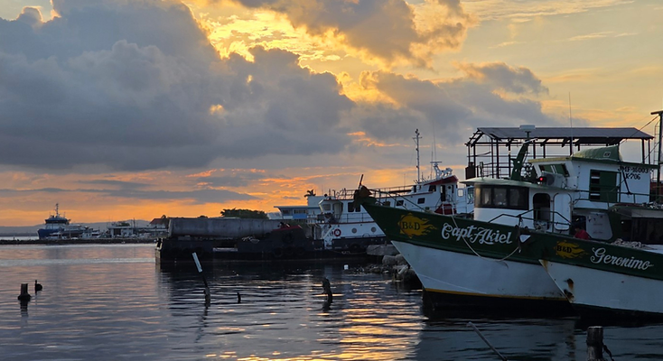 Fishing boats in a harbor at sunset