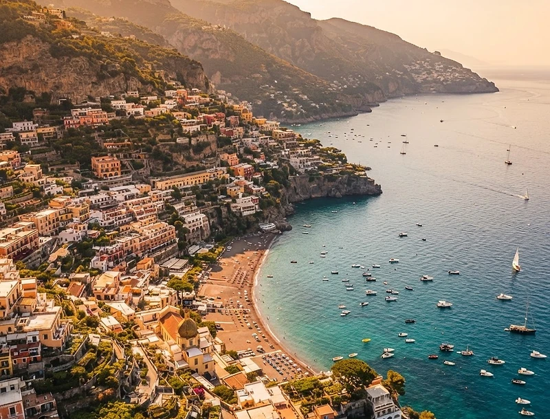 Aerial view of a colorful Mediterranean coastline at golden hour