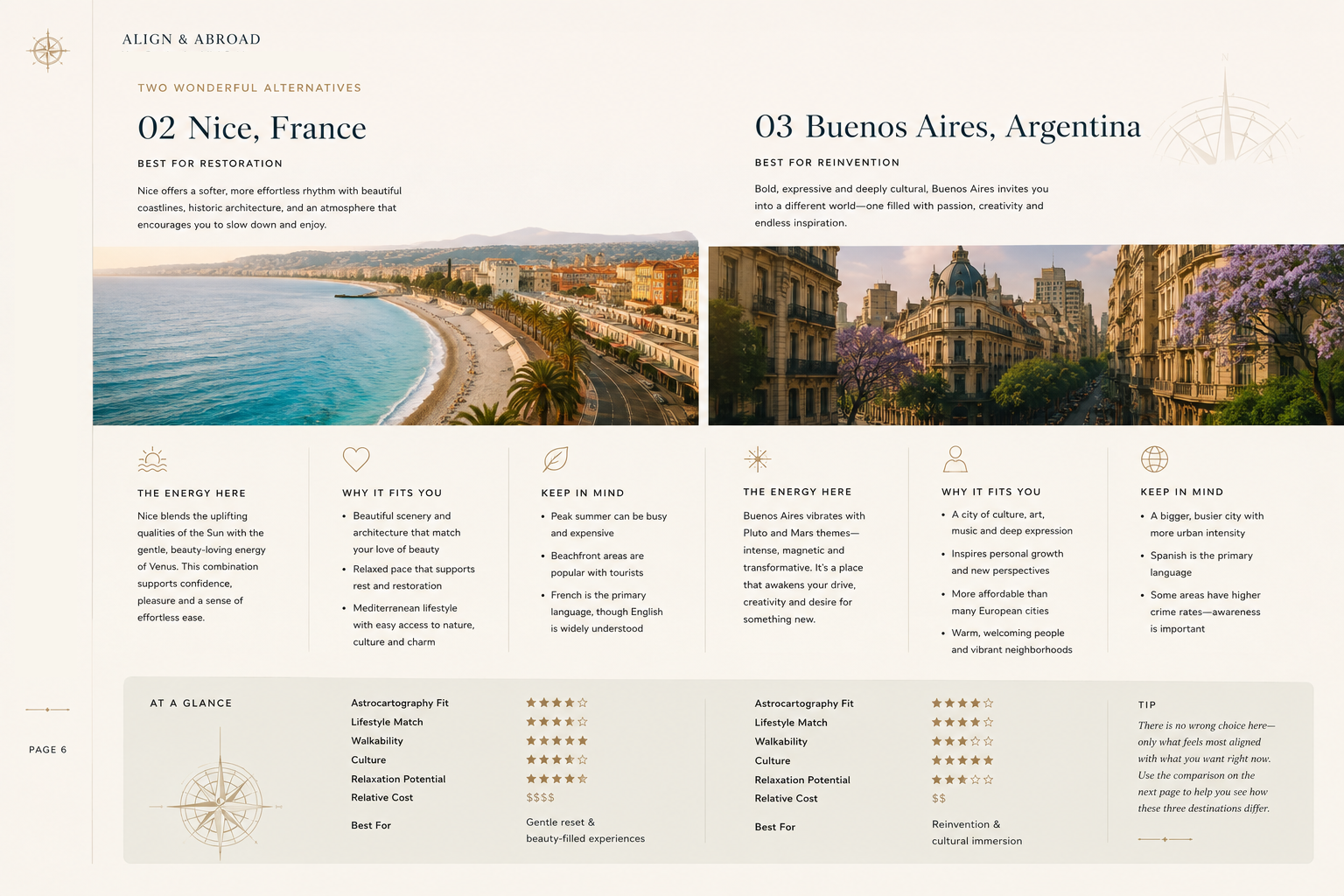 Sample page from a personalized Align & Abroad report comparing two destination recommendations.