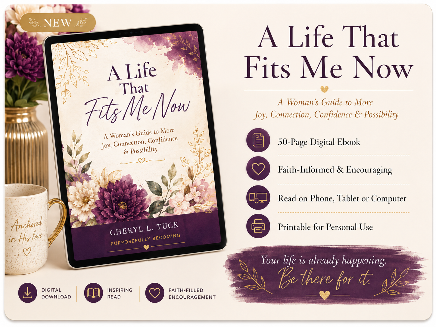 A Life That Fits Me Now digital ebook shown on a tablet with floral styling