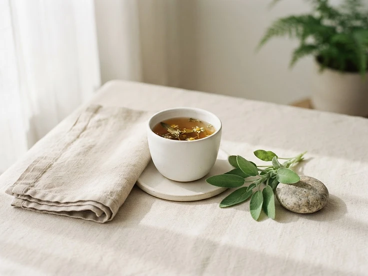 Folded linen, herbal tea, and a sprig of sage in soft morning light