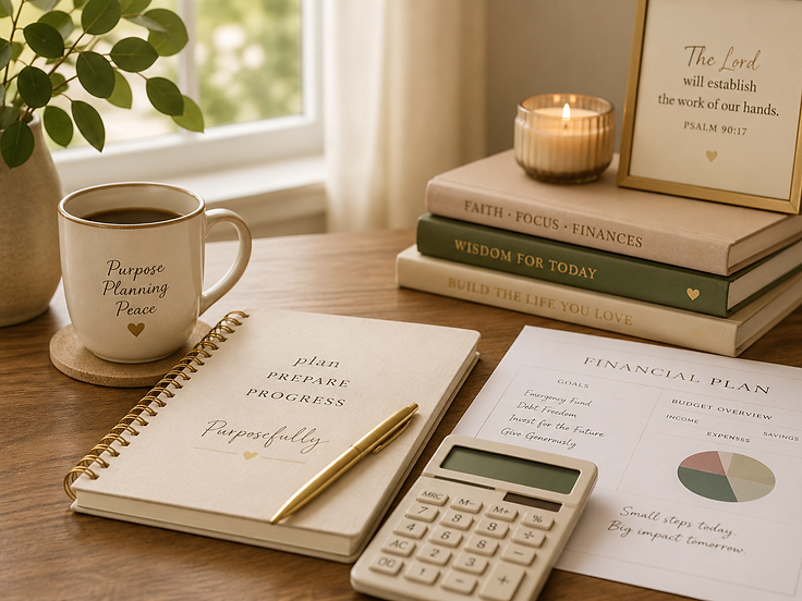 A warm workspace with a planner, calculator, and financial plan document on a wooden desk