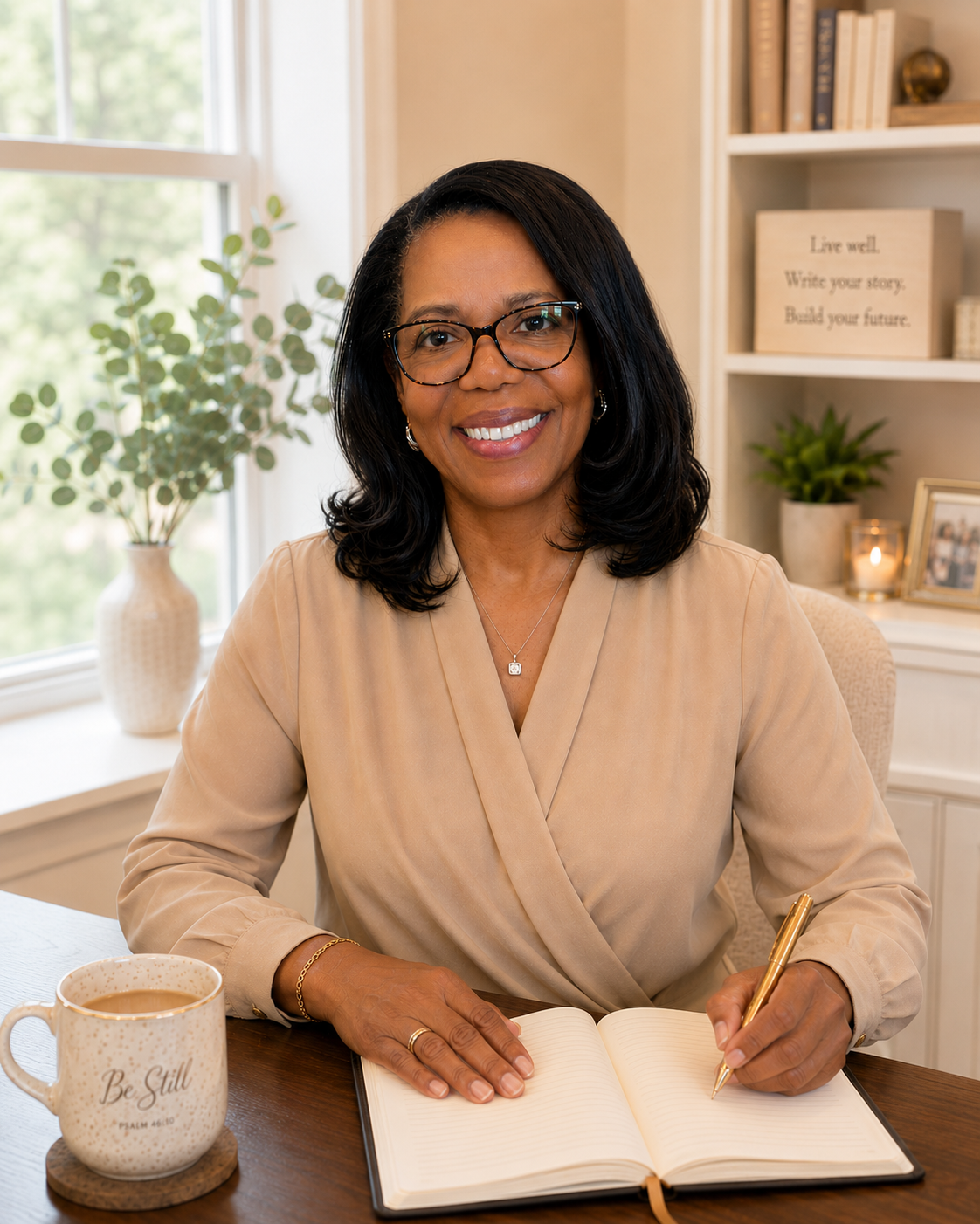 Cheryl L. Tuck seated at her desk with a journal