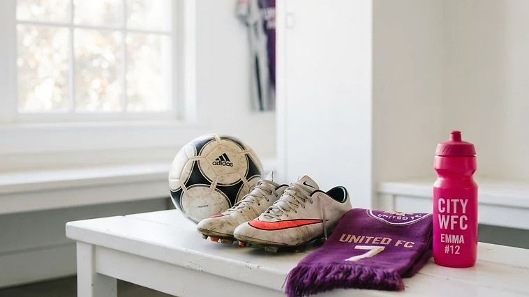 Soccer cleats and a ball on a bench with purple and pink accents
