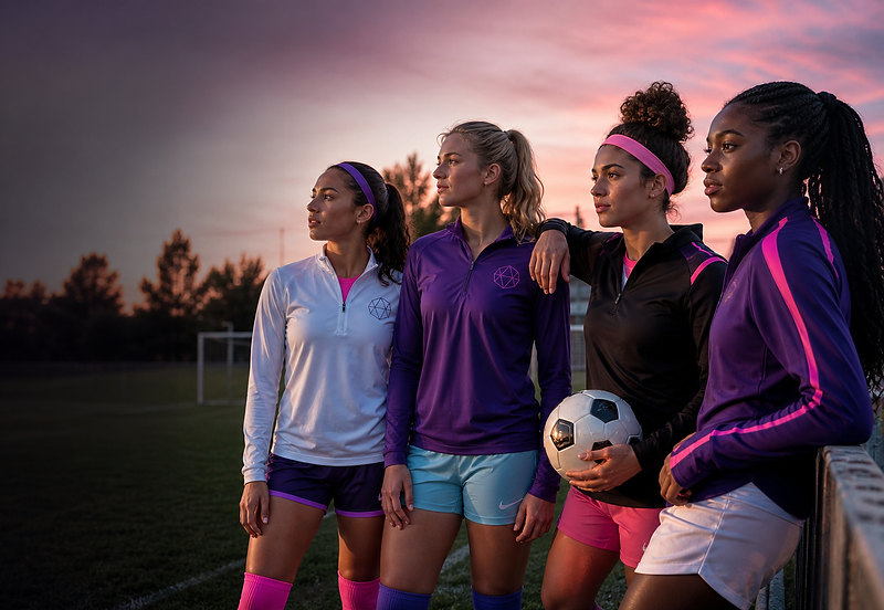Female soccer athletes standing together on a grass field at sunset